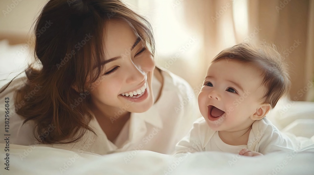 A joyful moment capturing a young mother interacting with her baby in a serene, softly lit bedroom, perfect for motherhood themes, parenting blogs, or baby product marketing. A joyful moment capturing a young mother interacting with her baby in a serene, softly lit bedroom, perfect for motherhood themes, parenting blogs, or baby product marketing.