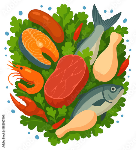 Non-Veg Food Blast Vector Illustration, meat, fish, seafood, chicken, mutton, green, beef, prawns, lobster, meat, food, protein, lifestyle, healthy, non vegetarian, vector