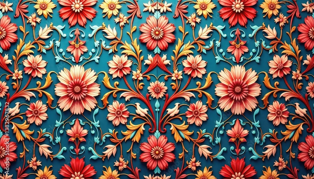 Intricate floral damask textile, repeating design, damask, antique Intricate floral damask textile, repeating design, damask, antique