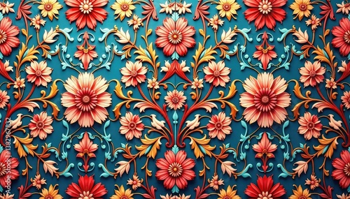 Intricate floral damask textile, repeating design, damask, antique