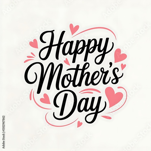 Happy mother's day text with pink hearts and decorative swirl elements
