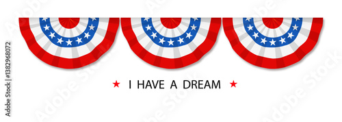 Happy Martin Luther King day. Congratulatory inscription on the background colors of the American Flag. No people. Closeup, top view