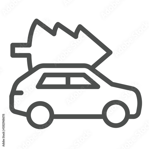 Car vehicle and fir tree line icon, merry christmas concept. Vector graphics. Automobile with christmas tree, transportation sign on white background, outline style icon for mobile or web design.