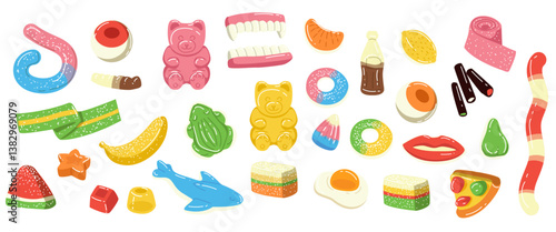 Gummy candy set. Jelly bears, worms, chewing fruit. Soft colorful funny cartoon food, sugar animals. Kids confectionery with eyes, lips and teeth. Vector illustration flat design isolated elements