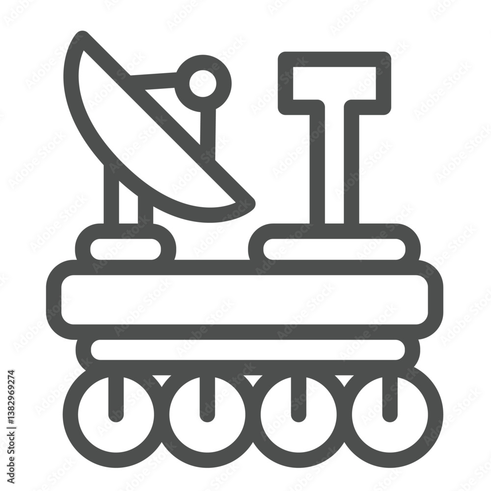 Mars rover with antenna and wheels line icon, cosmos concept. Vector graphics. Planet exploration, vehicle sign on white background, outline style icon for mobile or web design. Mars rover with antenna and wheels line icon, cosmos concept. Vector graphics. Planet exploration, vehicle sign on white background, outline style icon for mobile or web design.