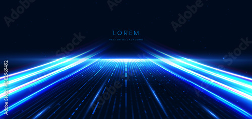 Abstract scene elegant blue light lines on dark background with lighting effect and sparkle.