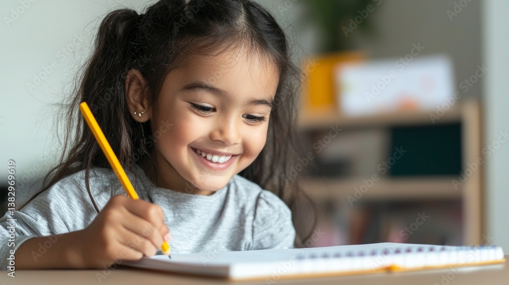 A young girl is writing at a desk with her smile visible. A young girl is writing at a desk with her smile visible.