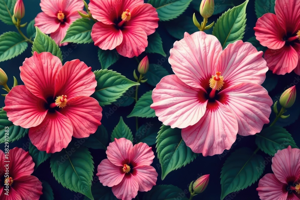 Intricate hibiscus blossoms, vibrant hues, repeating floral motif , texture, repeat, motif Intricate hibiscus blossoms, vibrant hues, repeating floral motif , texture, repeat, motif