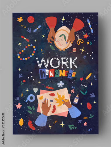 Craft hobby card. Embroidery or applique gluing. Artisan hands make herbarium. DIY creativity studio. Creative handiwork. Arms create. Sewing tools. Scrapbook stationery. Vector handicrafts background