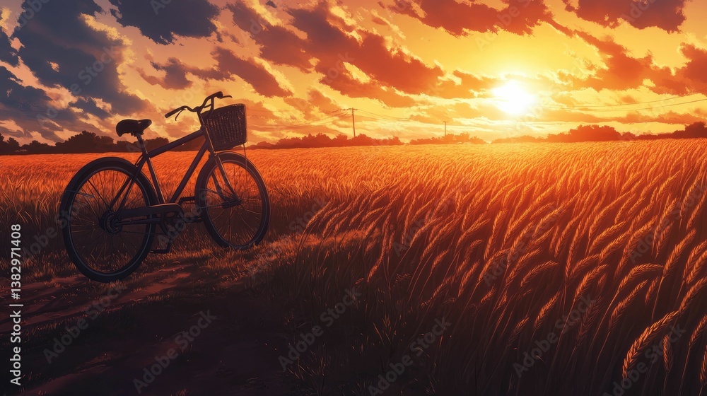 Fototapeta premium Golden sunset, bicycle rests in wheat field