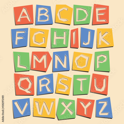 Colorful paper cut out font with shadows. English alphabet made of paper letters with cut out effect. Vector illustration.