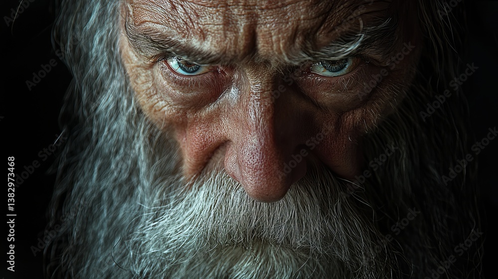 Intense close-up of an older man with deep-set eyes and a long white beard, showcasing a piercing gaze. Intense close-up of an older man with deep-set eyes and a long white beard, showcasing a piercing gaze.