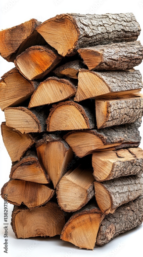 Fototapeta premium Stacked firewood logs ready for winter warmth rustic texture and natural wood grain against a clean white background offering a cozy and inviting feel