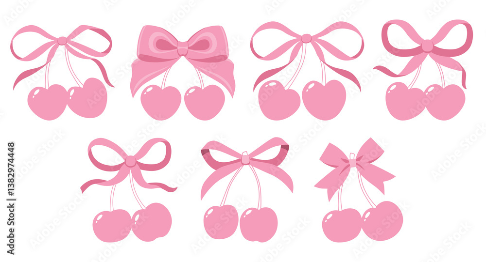 Fototapeta premium Coquette cherries with gift bow. Vector Illustrations of vintage bows and pink cherry. Cherries with ribbon. Cute trendy line art set. Ribbons isolated. Trendy girls accessories. Cute hairstyle decor