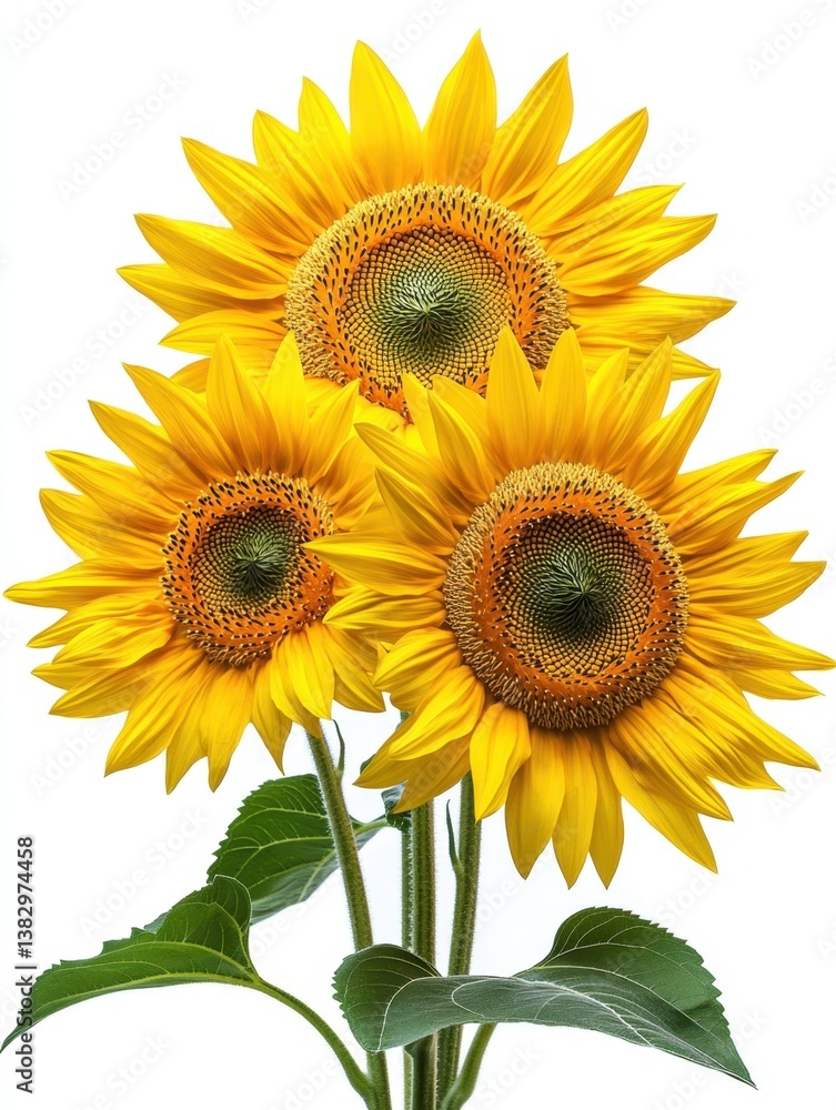 Fototapeta premium Radiant sunflowers against a clean white backdrop capturing vibrant yellow petals and green leaves in a close up view for a natural and cheerful feel