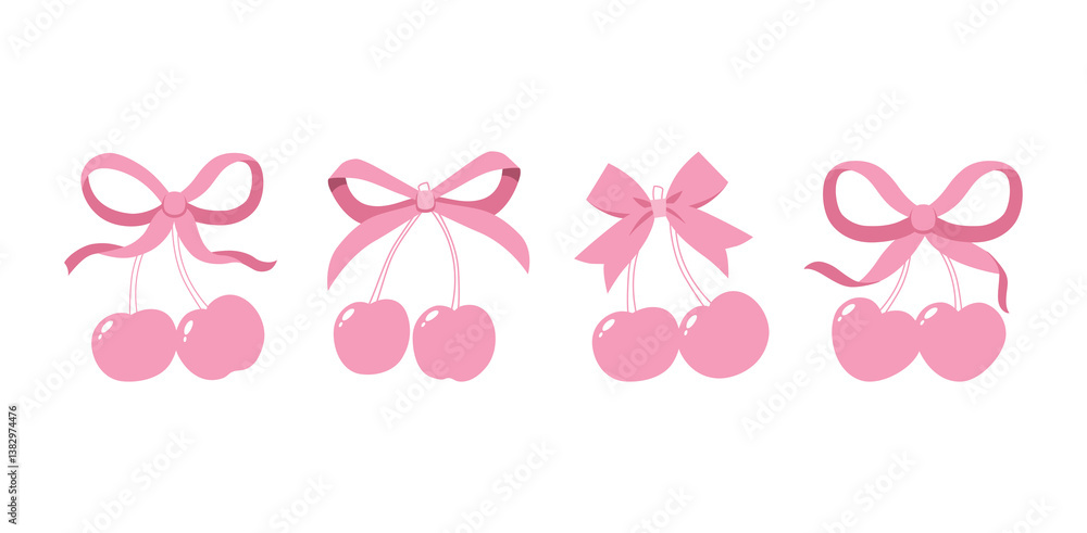 Coquette cherries with gift bow. Vector Illustrations of vintage bows and pink cherry. Cherries with ribbon. Cute trendy line art set. Ribbons isolated. Trendy girls accessories. Cute hairstyle decor Coquette cherries with gift bow. Vector Illustrations of vintage bows and pink cherry. Cherries with ribbon. Cute trendy line art set. Ribbons isolated. Trendy girls accessories. Cute hairstyle decor