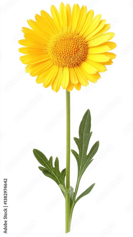 Fototapeta premium Radiant yellow daisy flower on white background capturing vibrant petals and delicate stem in studio shot for stock photo