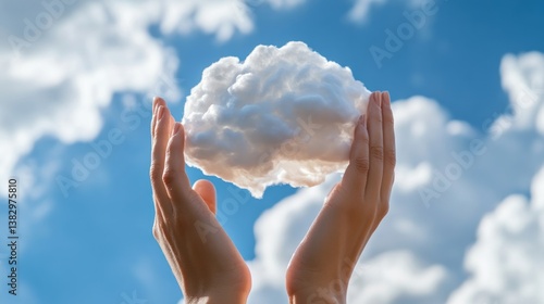 Fototapeta Naklejka Na Ścianę i Meble -  Close-up of hands holding a cloud in the sky, symbolizing the large scale and global nature of cloud computing, with copy space for text or a logo. Stock photo. 