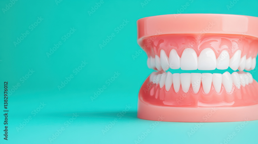 Obraz premium dental model showcasing set of realistic teeth against vibrant turquoise background, emphasizing dental health and hygiene. This evokes sense of care and attention to oral wellness