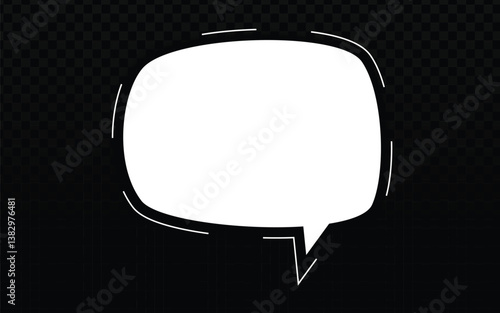 A white, cartoon-style speech bubble with a tail pointing downwards is centered against a dark, slightly checkered background. The speech bubble has rounded corners and a hand-drawn or slightly