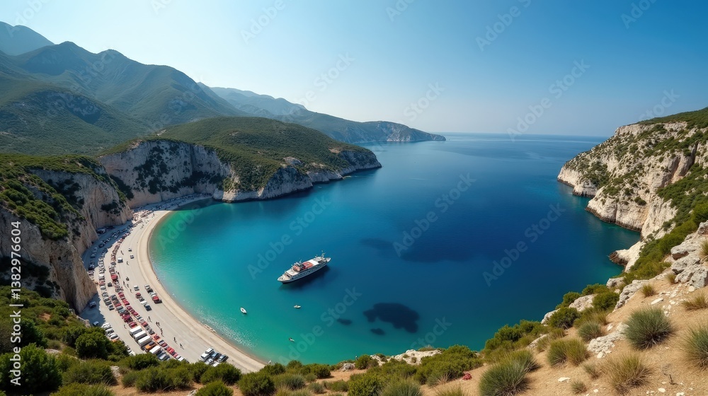 Fototapeta premium Aerial view of Drakolimni of Tymfi in Greece at midday under hot, sunny summer conditions.