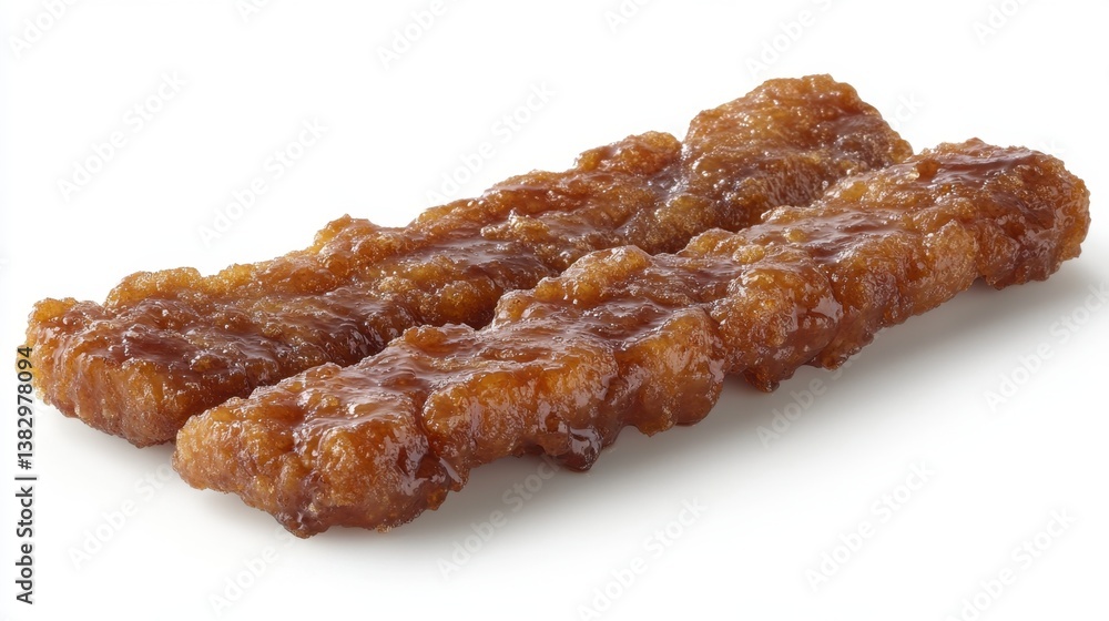 Crispy and Glazed Chicken Strips on White Backdrop Delicious Appetizing Poultry Meal Close Up Shot Crispy and Glazed Chicken Strips on White Backdrop Delicious Appetizing Poultry Meal Close Up Shot