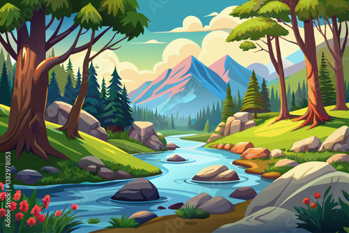 vector of spring forest nature landscape, beautiful spring stream, river rocks in mountain forest
