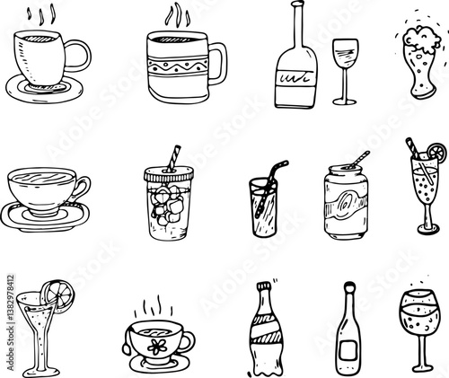 Vector hand drawn set of cocktails and alcoholic and nonalcoholic beverages. Sketch