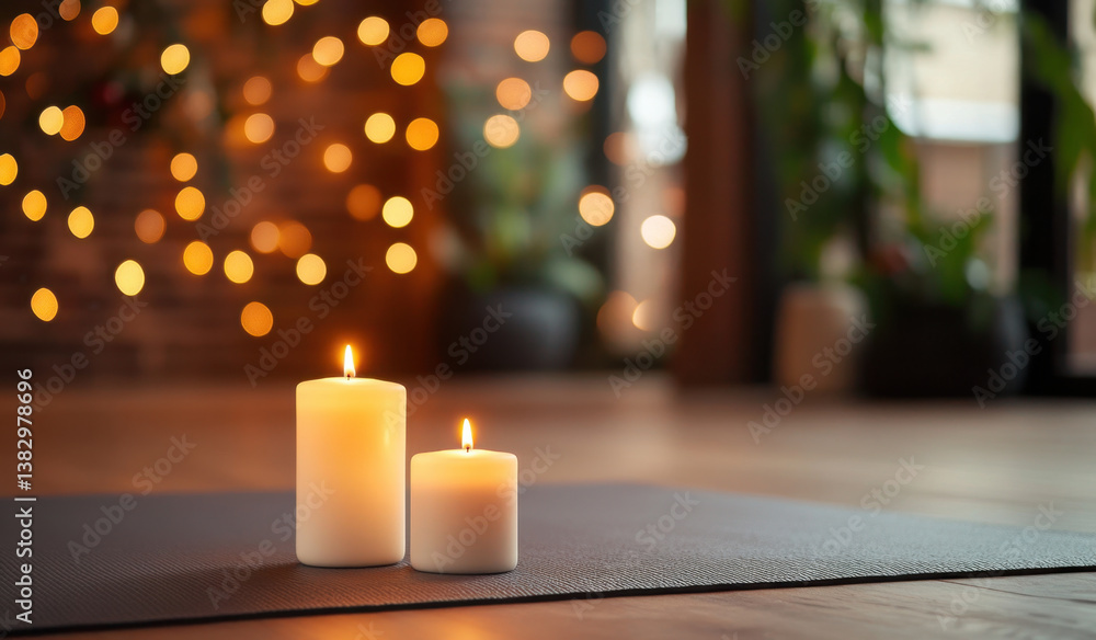 serene yoga space featuring two lit candles, creating warm and inviting atmosphere with soft bokeh lights in background. This setting is perfect for relaxation and mindfulness serene yoga space featuring two lit candles, creating warm and inviting atmosphere with soft bokeh lights in background. This setting is perfect for relaxation and mindfulness