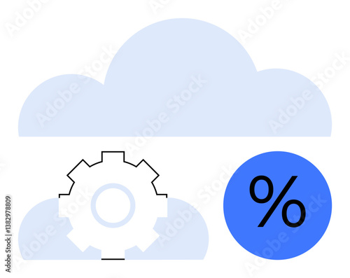 Gear and percentage sign inside cloud icons symbolizing technology, data processing, and analytics. Ideal for cloud computing, automation, finance, productivity, innovation, planning efficiency