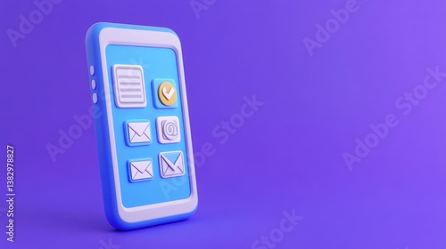 3D Smartphone Displaying Email and App Icons on a Purple Background