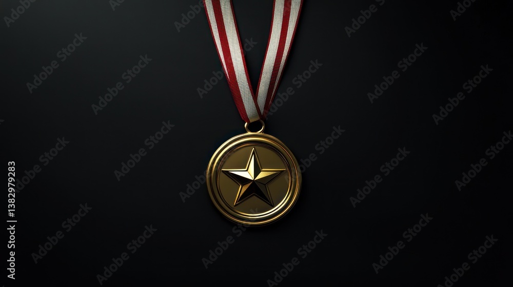 Gold medal with red and white ribbon on dark background Gold medal with red and white ribbon on dark background