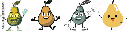Funny pear character vector collection· Humanized pear with facial expression for children’s illustration, healthy food concepts and packaging