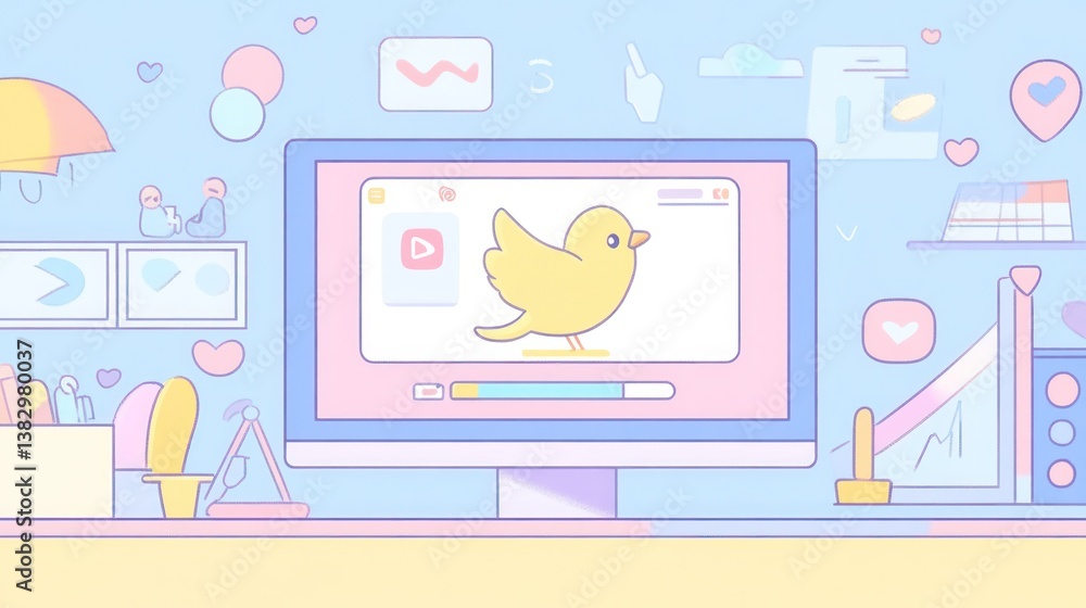Cute cartoon bird video on computer screen in a pastel-colored workspace Cute cartoon bird video on computer screen in a pastel-colored workspace