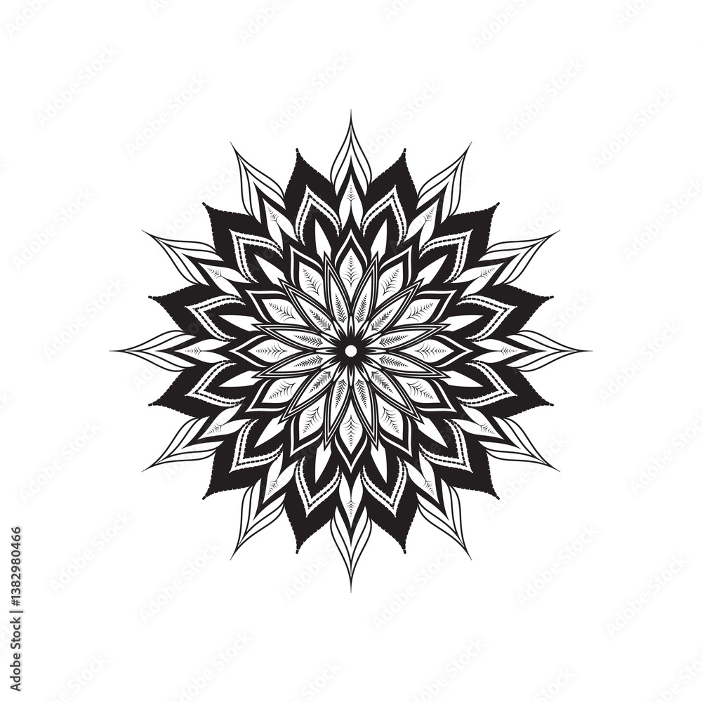 Intricate Mandala Design: This geometric black and white mandala features a symmetrical, intricate design with radiating petals and delicate details, ideal for artistic and spiritual projects. Intricate Mandala Design: This geometric black and white mandala features a symmetrical, intricate design with radiating petals and delicate details, ideal for artistic and spiritual projects.