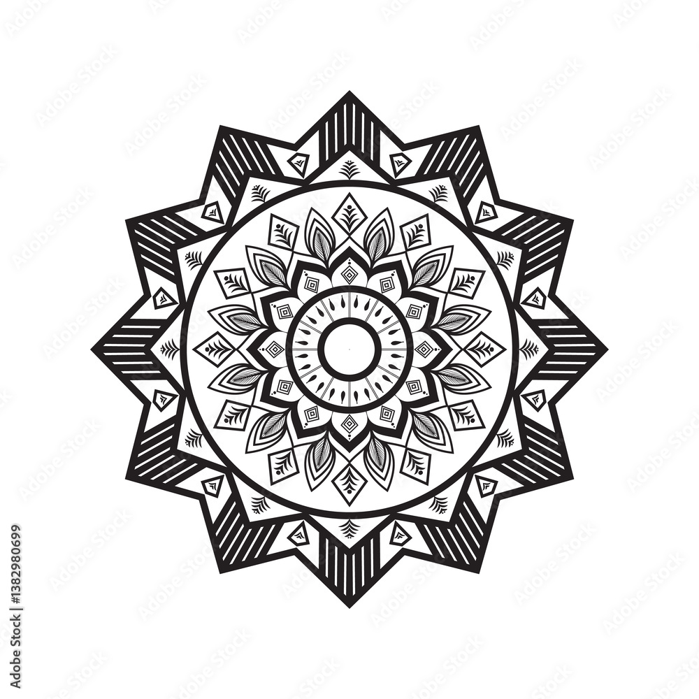 Fototapeta premium Intricate Mandala Design: A mesmerizing mandala, meticulously crafted with detailed line art, radiating serenity and artistic beauty, offering a visual journey of focus and mindfulness.