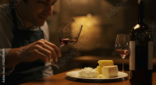 Man smelling red wine next to cheese selection and wine bottle on a wooden table indoors