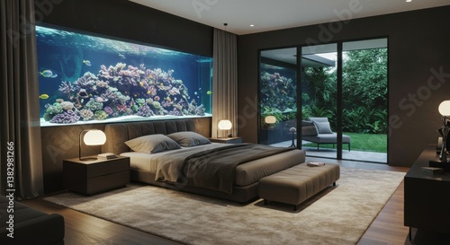 Luxurious Master Bedroom with Full-Wall Aquarium