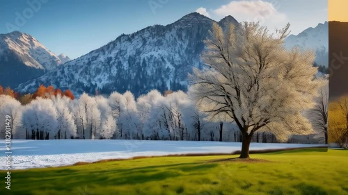A series of four photos of a mountain range with trees in different seasons