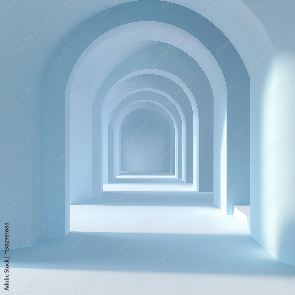 Fototapeta premium Serene architectural corridor with repeating arches in light blue hue creating a sense of depth and minimalist design with soft shadows and light