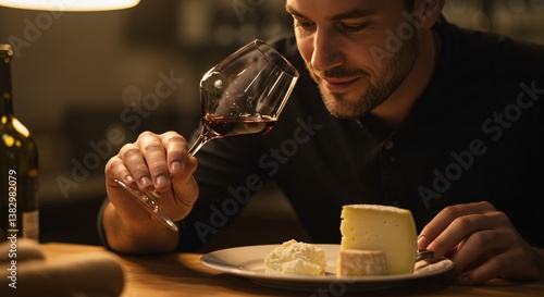 A man smelling a glass of red wine with a plate of cheese on a table under a warm light in a restaurant