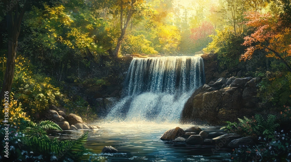 Sunlit Waterfall in Lush Forest; Calm Pool; Nature Scene; Wallpaper Sunlit Waterfall in Lush Forest; Calm Pool; Nature Scene; Wallpaper