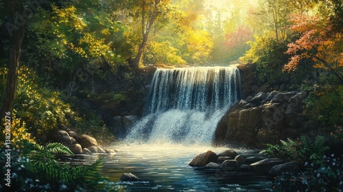 Sunlit Waterfall in Lush Forest; Calm Pool; Nature Scene; Wallpaper