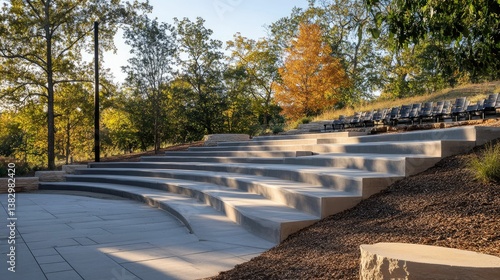 Serene outdoor amphitheater steps, autumn trees