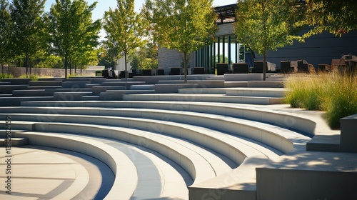 Modern amphitheater, sunlit stone seating, tranquil landscape
