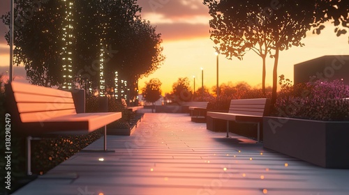 Wallpaper Mural Serene sunset park path with benches, trees, and lights. Torontodigital.ca