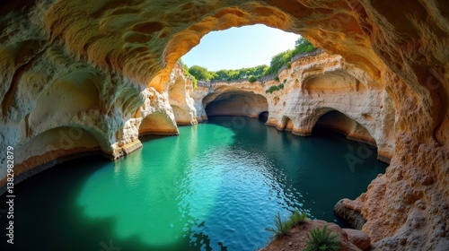 Grotte de Trabuc in France during midday with mild, sunny summer conditions, shot from above.