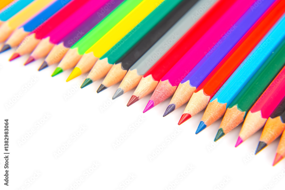 A vibrant collection of colored pencils in a straight line on a white background. Perfect for art education, stationery, or creative inspiration themes. A vibrant collection of colored pencils in a straight line on a white background. Perfect for art education, stationery, or creative inspiration themes.