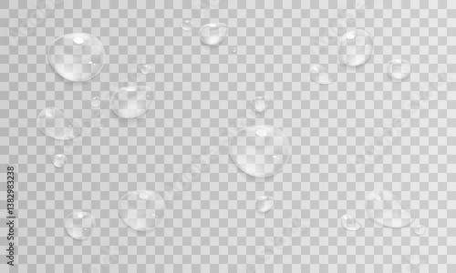 Vector water drop, drops, droplets. PNG drops, condensation on glass, on various surfaces. Realistic drops on a transparent background. Rain and dew