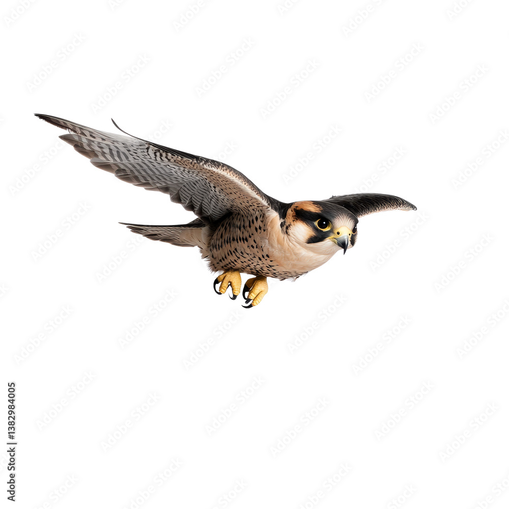 Fototapeta premium Majestic Falcon in Flight with Flared Feathers and Intense Gaze Soaring Through the Sky